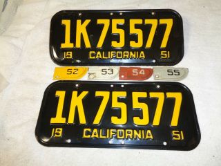 1951 California Car License Plate Pair Rare Dmv Clear,  52 53 54 55