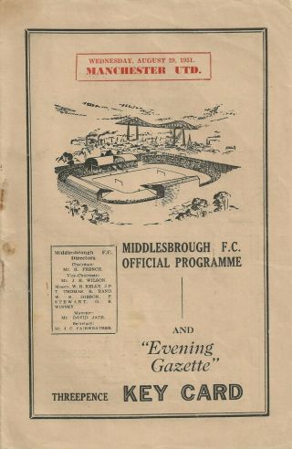 Very Rare Football Programme Middlesbrough V Manchester United August 1951