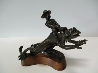 Vintage Jim Pounder Bronze Metal Sculpture Leaping Frog Cowboy Rider Rare Signed