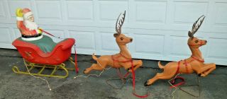 Vtg Rare Poloron Santa Sleigh & 2 Reindeer Lighted Blow Mold Christmas Decor
