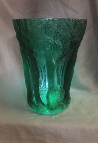 Rare Green Large Vintage Art Deco Frosted Glass Vase Trees In Relief