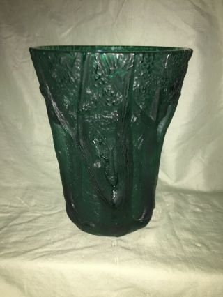 Rare Green Large Vintage Art Deco Frosted Glass Vase Trees in Relief 2