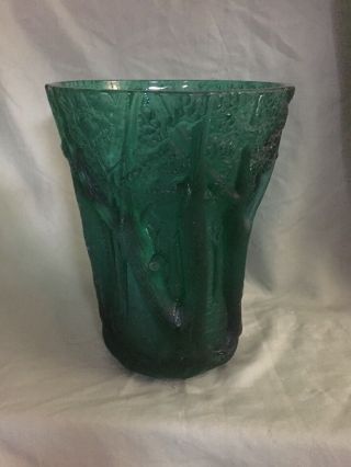 Rare Green Large Vintage Art Deco Frosted Glass Vase Trees in Relief 3