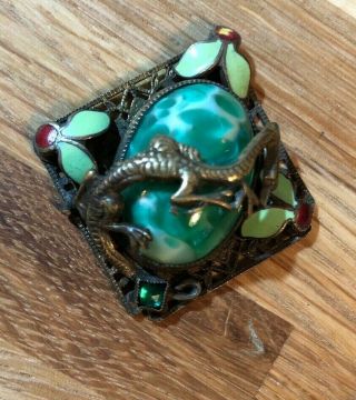 Antique Vintage Oriental Asian Dragon Green Jade Enamel Stone Brooch Pin Rare