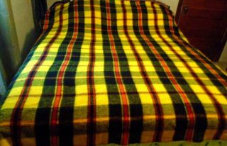 Vtg.  Rare Yellow/black/red Plaid Camp Woven Acrylic Blanket 76”x 80 