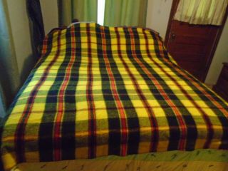 VTG.  RARE yellow/black/red plaid Camp woven acrylic Blanket 76”x 80 ' 