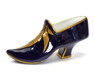 Antique Royal Worcester Cobalt Blue Gold Decorated Porcelain Slipper Shoe - Rare