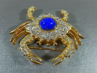 Rare Vtg Kenneth Jay Lane Lapis Glass & Rhinestone Crab Gp Watch Brooch Pin Evc