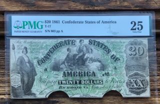 1861 Civil War Confederate $20 Dollar Bill Pmg 25 Very Fine Rare T - 17