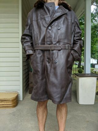 Rare Vintage Soviet Military Uniform Leather Trench Coat Kgb Officer Ussr Brown