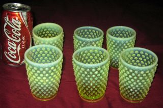 6 Rare Fenton Usa Vaseline Topaz Opalescent Hobnail Glass Juice Tumbler Glasses