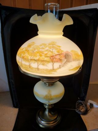 Vintage Fenton Art Glass Rare Covered Bridge Custard Parlor Lamp - 21 Of 150 -