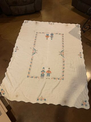 Rare Vintage Embroidered Rectangle Tablecloth Love Birds Wedding Couple