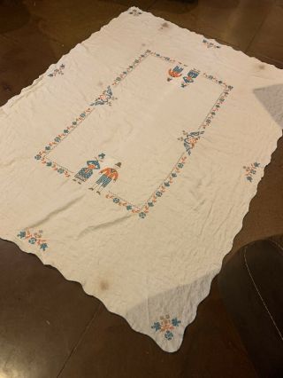 RARE Vintage Embroidered Rectangle Tablecloth Love Birds Wedding Couple 2