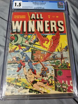 All Winners Comics 9 Cgc 1.  5 Cr - Ow Pages Schomburg Nazi Wwii Cover Rare