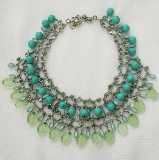 Extremely Rare Unsigned Schreiner Bib Green Blue Rhinestone Necklace