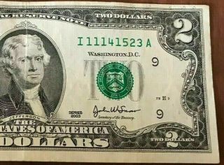 2003 $2 Two Dollar Bill Error Note Misaligned With Rare Serial 1 Through 5