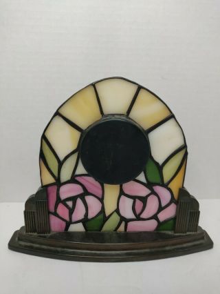Rare LINDEN Stained Glass Art Deco Pink Roses Flower Motif Desk Mantel Clock 2