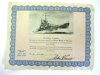 Rare Wwii War Savings Bond Certificate Toward Building Usa Cruiser Atlanta 1943
