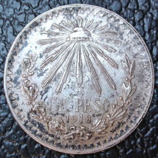 1918/17 Mexico 1918 Over 17 - Un Peso - Silver - Libertad - Lustre & Toned - Km 454 - Rare