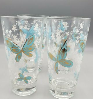 Vintage Set Mid - Century Modern Libbey Barware Glasses Rare Blue Gold Butterflies