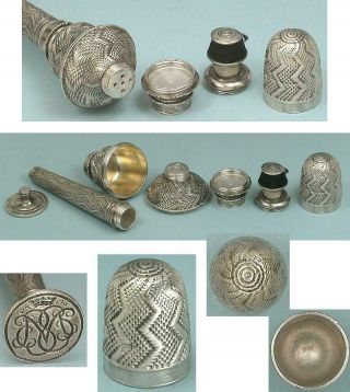 Rare Antique Silver Needlework Compendium/ Thimble Germany Circa 1780 3