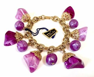 Rare Vtg Pakula Gold Tone Purple Lucite Nugget Bead Link Bracelet Tag