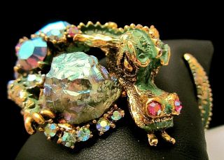 Rare Vintage Signed Har Fantasy Green Enamel Jeweled Dragon Clamper Bracelet M6