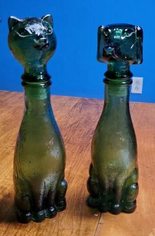 Vintage Italian Bessi Long Neck Green Glass Decanter Bottles 9 " Rare Cat & Dog