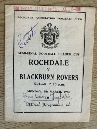 1962 Very Rare Signed Rochdale V Blackburn Rovers League Cup Semi Final P&p