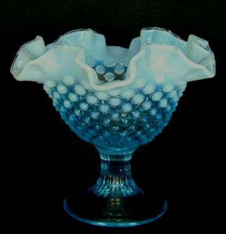 Rare Fenton Blue Opalescent Hobnail Footed Candy Comport Bowl - Crimped Top Edges