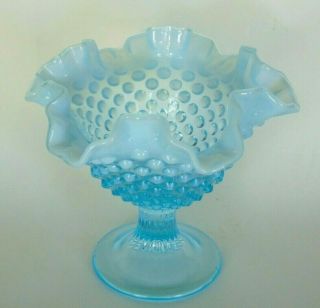 RARE FENTON BLUE OPALESCENT HOBNAIL FOOTED CANDY COMPORT BOWL - CRIMPED TOP EDGES 2