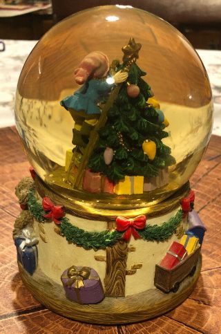 Rare Musical Hand Painted Water Snow Globe Deck The Halls Elves Decorating Tree 3