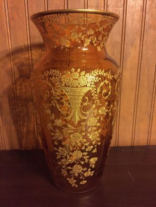 Rare Vintage Cambridge Glass Portia Gold Encrusted Amber Vase 10.  75 " X 6 "
