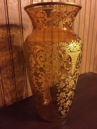 RARE Vintage Cambridge Glass Portia Gold Encrusted Amber Vase 10.  75 