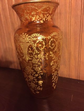 RARE Vintage Cambridge Glass Portia Gold Encrusted Amber Vase 10.  75 