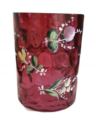Rare Victorian Art Glass Cranberry Dot Optic Enamel Floral Painted Tumbler/vase