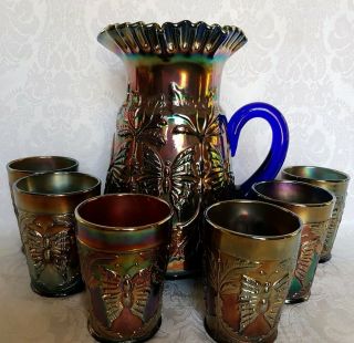 Rare Fenton Cobalt Blue Carnival Glass Butterfly And Fern Pitcher & 6 Tumblers