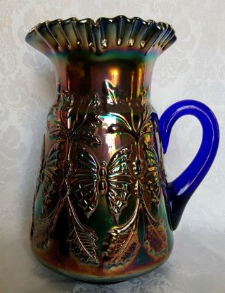RARE FENTON COBALT BLUE CARNIVAL GLASS BUTTERFLY AND FERN PITCHER & 6 TUMBLERS 2