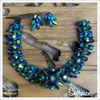 Sherman Bracelet/earrings Emerald/emerald Ab/denim 7.  5” Japanned.  Rare.