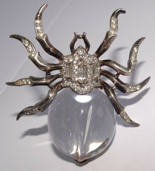 Rare Vintage Alfred Philippe Sterling Jelly Belly Rhinestone Spider Fur Clip Pin