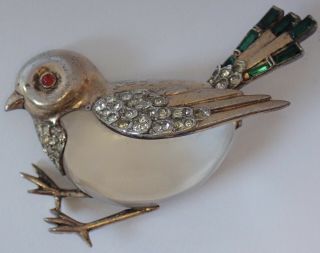 Rare Vinatge Trifari Sterling Silver Rhinestone Lucite Jelly Belly Bird Brooch
