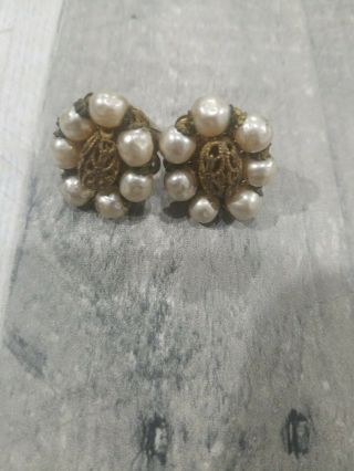 Rare Large Vintage Signed Miriam Haskell Baroque Pearl Clip Earrings