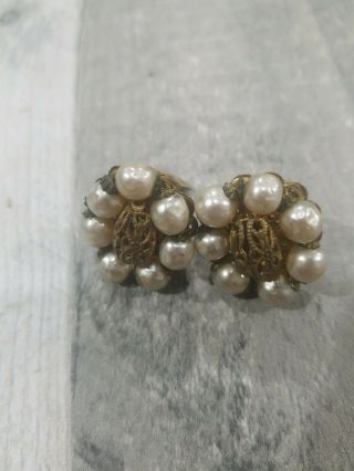 RARE Large Vintage Signed MIRIAM HASKELL Baroque Pearl Clip Earrings 2