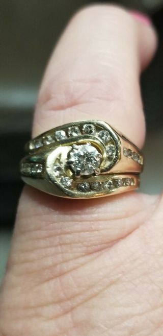 Rare Vintage Natural Diamond Bridal Or Cocktail Ring Set In 14k Yellow Gold