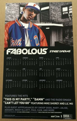 Fabolous Rare 2003 Double Sided Promo Poster & Calendar Of Street Cd 11x18.  5 Usa
