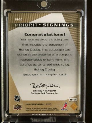 2009 UPPER DECK SIDNEY CROSBY 1/10 AUTO PRIORITY SIGNINGS 2009 RARE 2