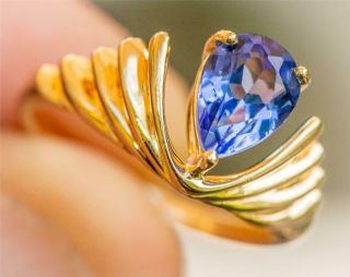 Rare Vintage Designer Signed Solid 14k Gold 1.  6ct Pear Cut Blue Tanzanite Ring