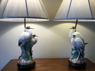 Two Fitz & Floyd For Frederick Cooper Porcelain Hand Painted Bird Lamp Rare