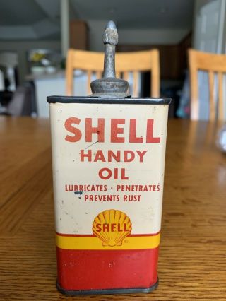 Rare Vintage Shell Handy Oil Lead Top Oiler Graphics Gun Oil Tin Can